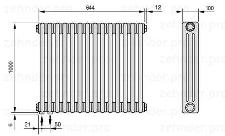 Схема (чертеж) Радиатор Zehnder Charleston 3100/14 №3370 Белый глянцевый RAL 9016